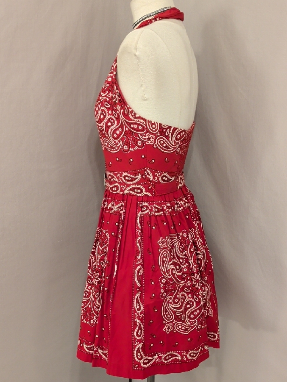 Vintage Red Bandana Halter Dress Fit-and-Flare Low V Belted Sexy Country Western - Picture 3 of 15